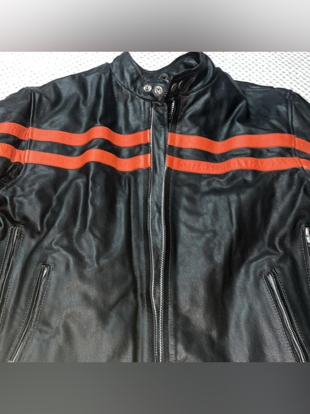 Men's Black Leather Jacket with Orange Racing Stripes